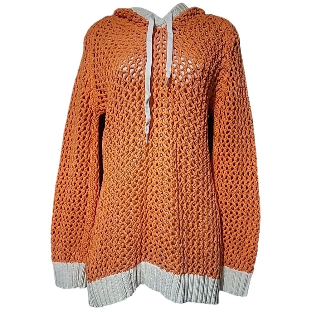 Venus‎ Womens Orange Open Knit Crochet Hoodie Sweater Cream Trim Size Medium